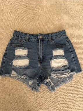 SHEIN Blue Distressed High-Waist Ripped Denim Shorts
